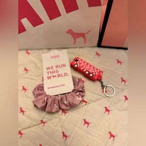 VS PINK Y2K PINK BUS MERCH BUS KEYCHAIN & DOG PUP HAIR TIE SCRUNCHY RARE HTF NWT